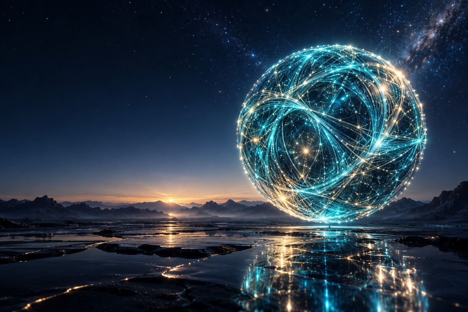 Original AI-generated conceptual artwork: a luminous sphere of connected fibers above a distant horizon